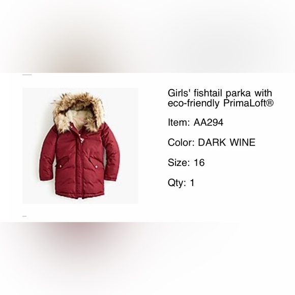 ♥️J Crew Girls' fishtail parka with eco-friendly PrimaLoft in Burgundy Red - Picture 2 of 7